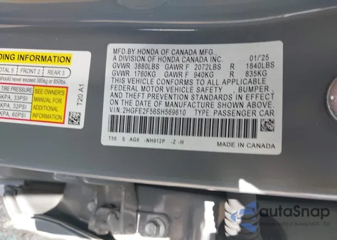 2025 Honda Civic Sport из США, поврежденный, VIN 2HGFE2F56SH569610